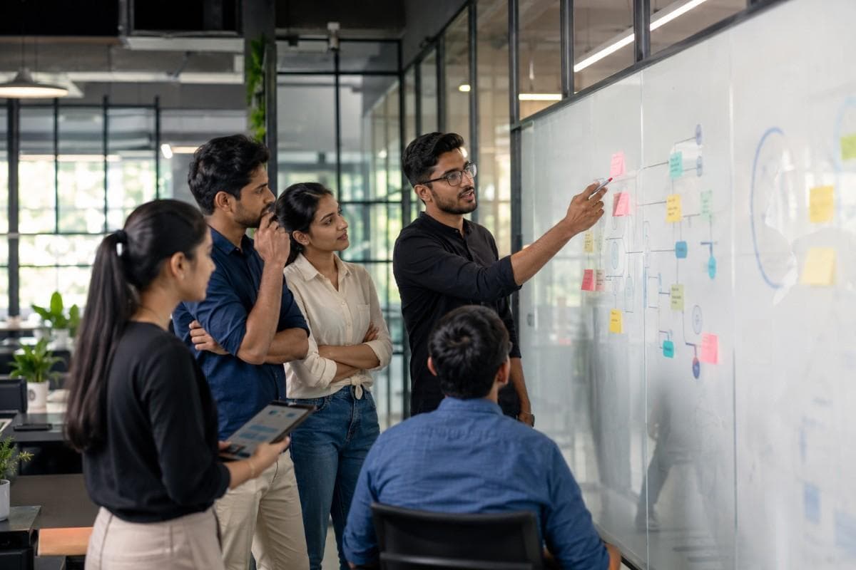 Team brainstorming session in a modern office with sticky notes on a glass whiteboard