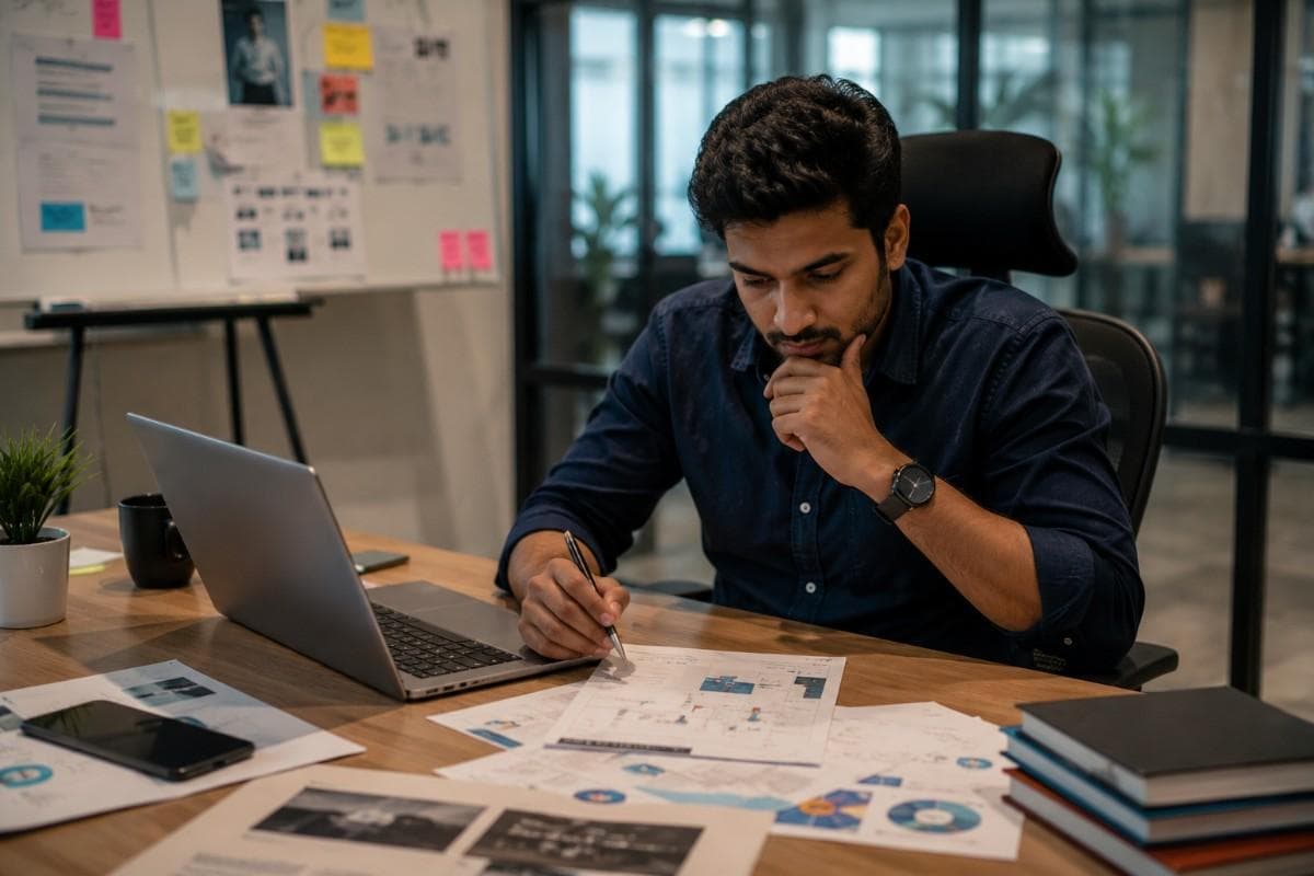 Professional analyzing reports and documents at a desk with a laptop in a modern office.