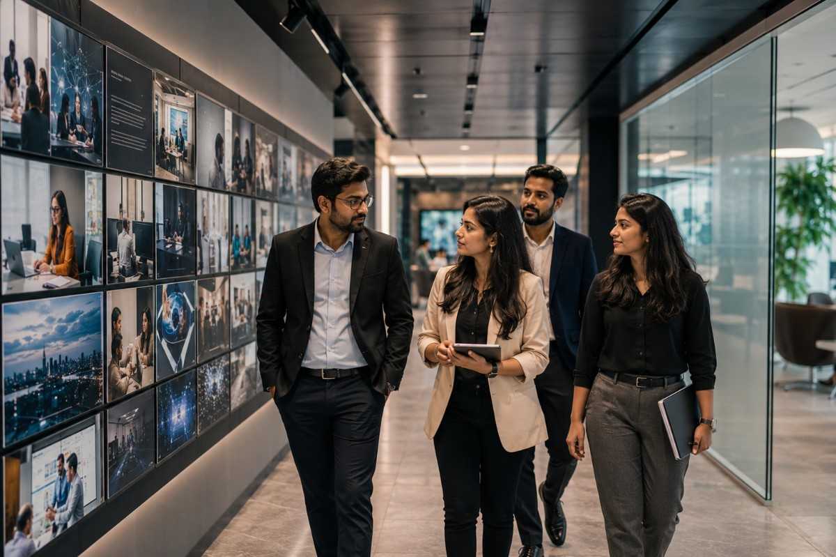Business professionals walking through a modern office corridor beside a digital media wall