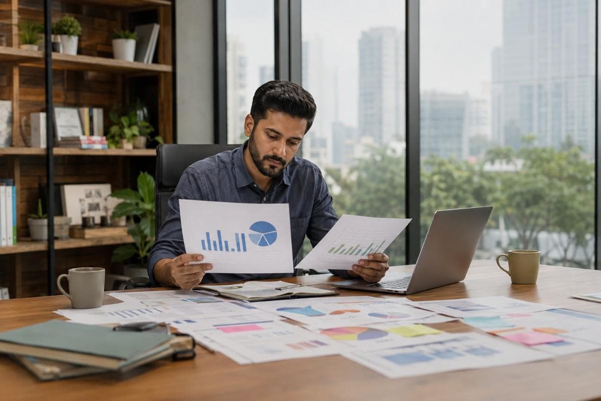 A businessman analyzing bar and pie charts at his desk with a laptop and coffee mugs nearby.