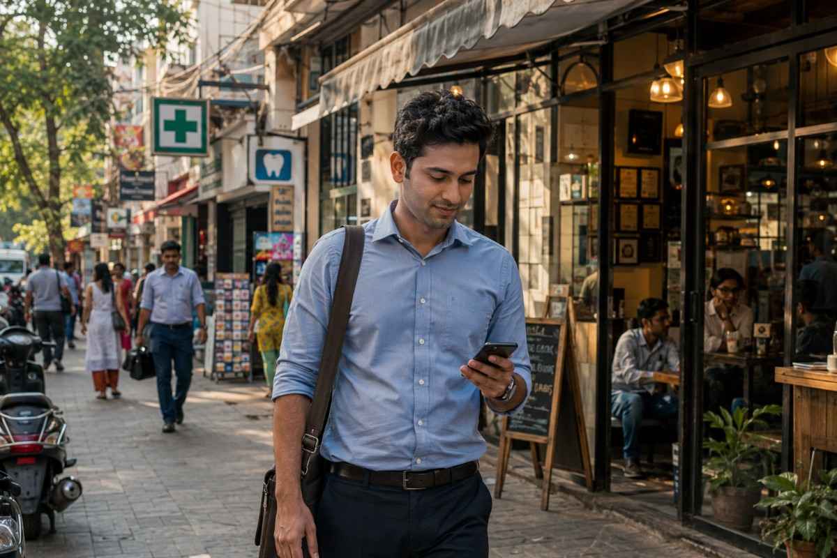 Professional searching for nearby businesses on a smartphone in a busy commercial street.