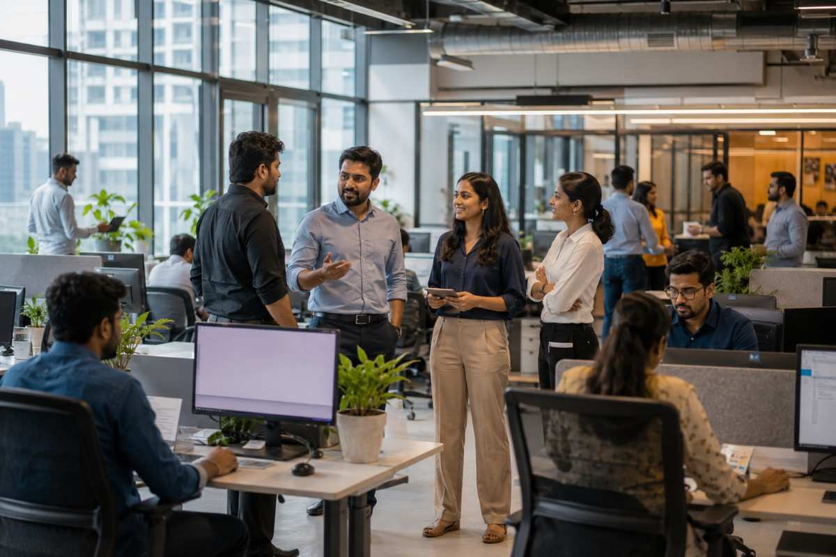 Team collaborating in a modern office workspace during a business meeting.