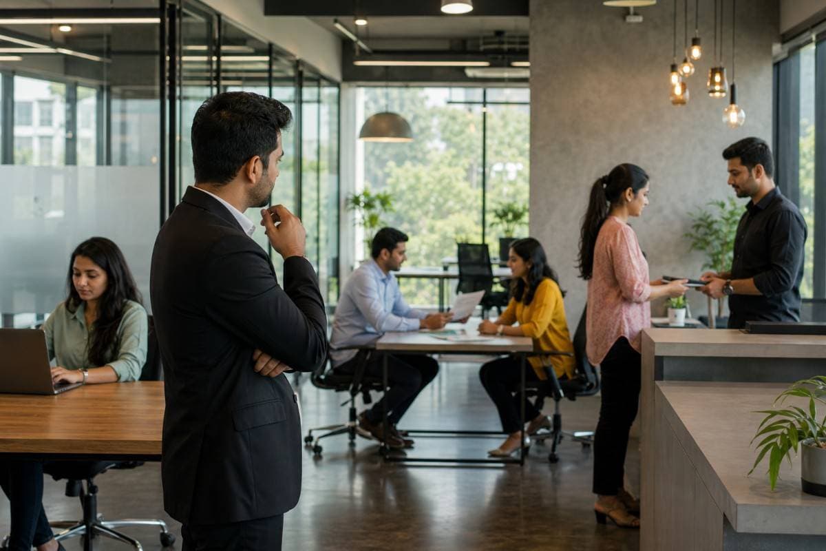 Business professionals collaborating in a modern office, with team members working on laptops, discussing projects, and interacting at the reception area.