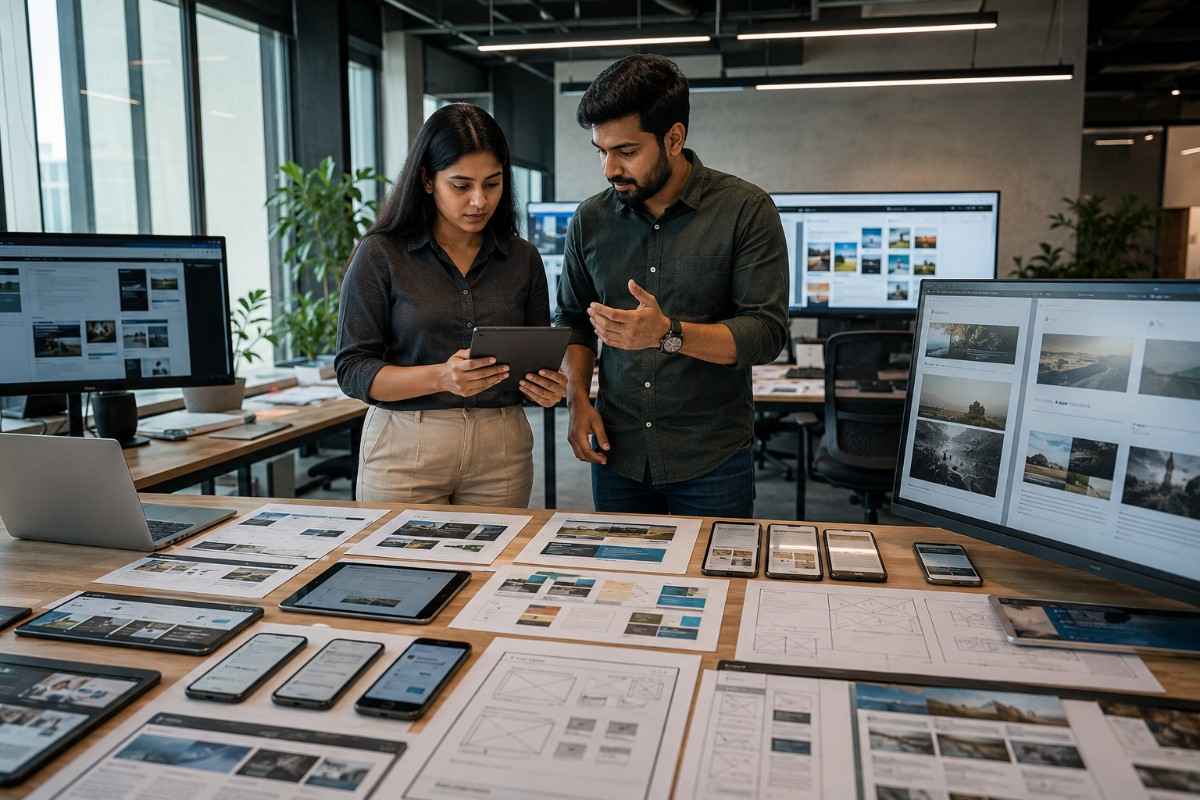 Two professionals reviewing website wireframes and responsive layouts on tablets, desktops, and smartphones during a technical SEO and UX planning session