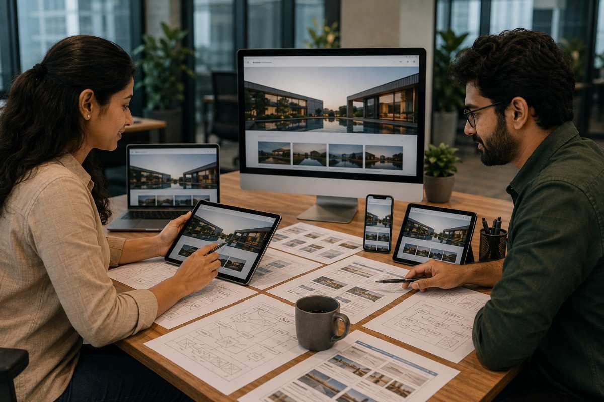 Two professionals collaborating on website wireframes and responsive layouts across desktop, laptop, tablet, and mobile devices during a web design and technical SEO planning session.