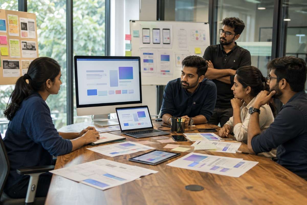 UX design team reviewing landing page layouts, wireframes, and interface designs during a collaborative optimization meeting using desktop, laptop, and tablet devices.