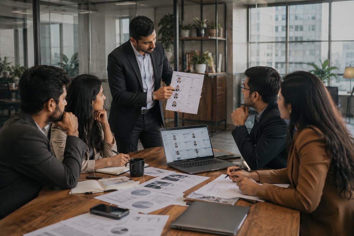 Hiring team reviewing candidate profiles and discussing recruitment decisions during a meeting with resumes, reports, and a laptop in a modern office.