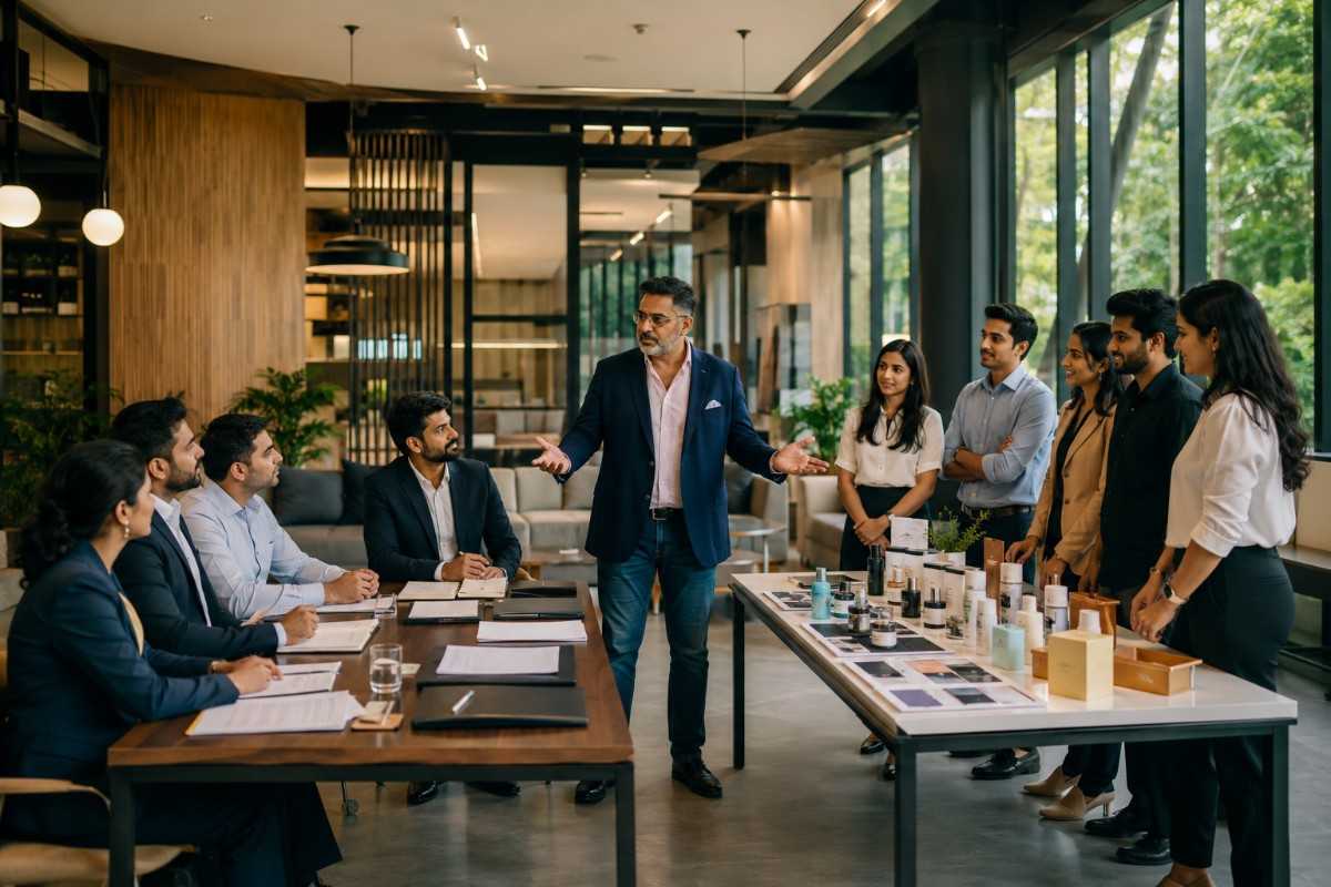 Business team presenting D2C product samples and discussing branding, packaging, and product strategy during a collaborative meeting in a modern office.