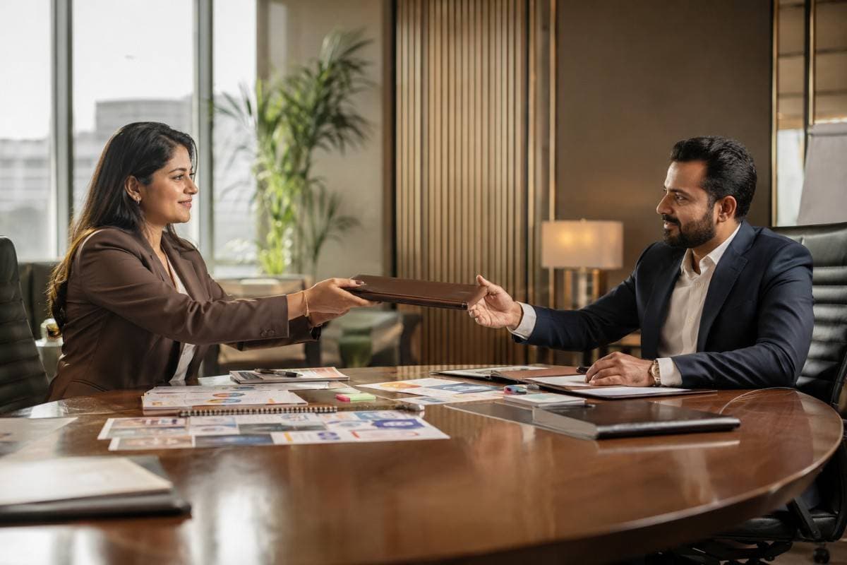 Business executive handing over a project folder to a client during a professional office meeting, with reports and planning documents spread across the conference table.