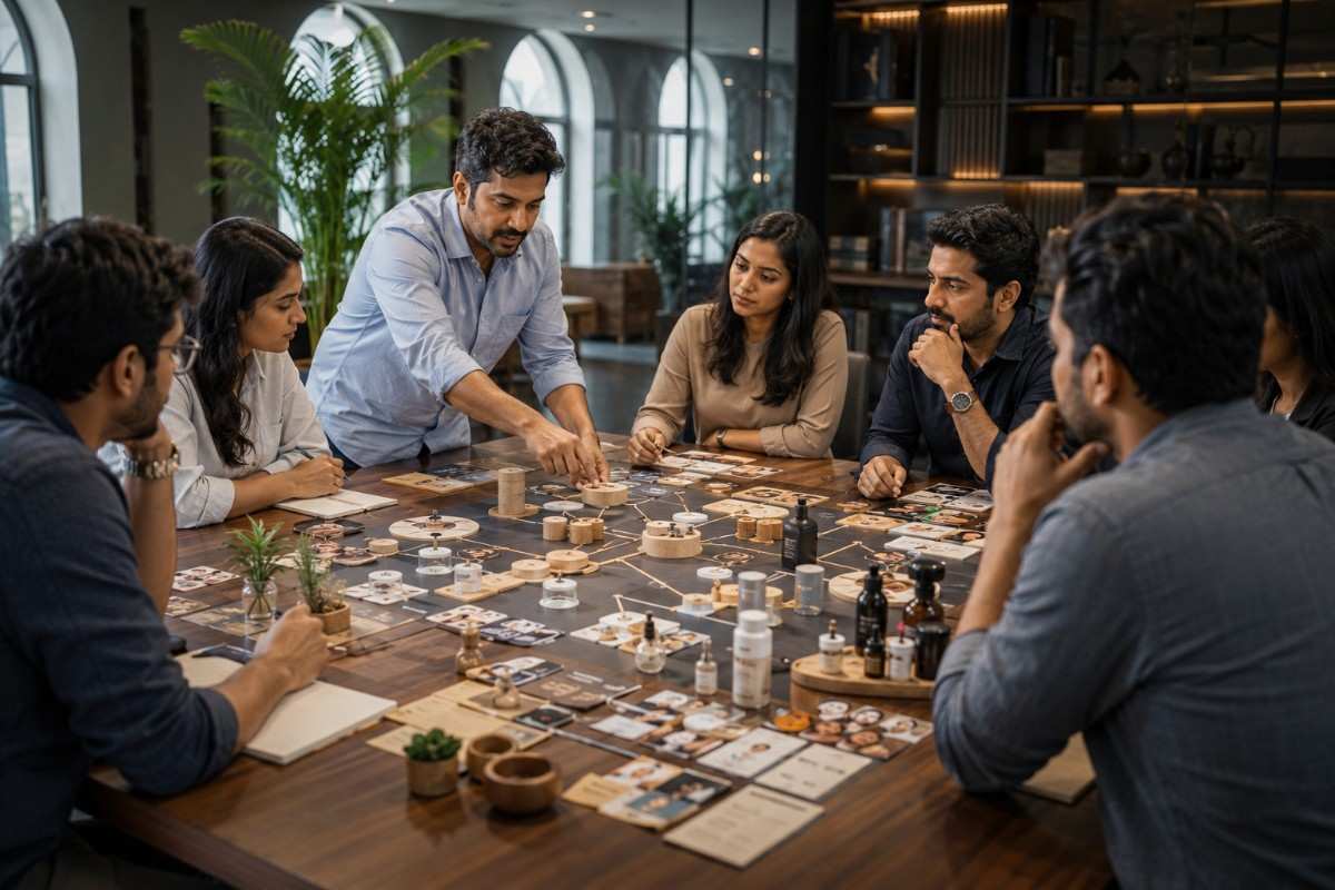 Cross-functional product strategy workshop with a business team collaborating around a table filled with customer journey maps, packaging prototypes, product samples, and planning materials, discussing product development, branding, and go-to-market strategy in a modern office.