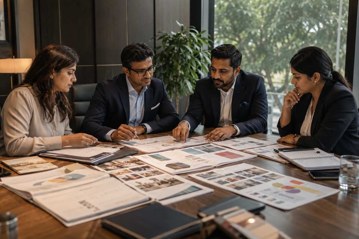 Marketing strategy team reviews brand research, customer insights, design layouts, and campaign plans during a collaborative planning session in a modern corporate meeting room.