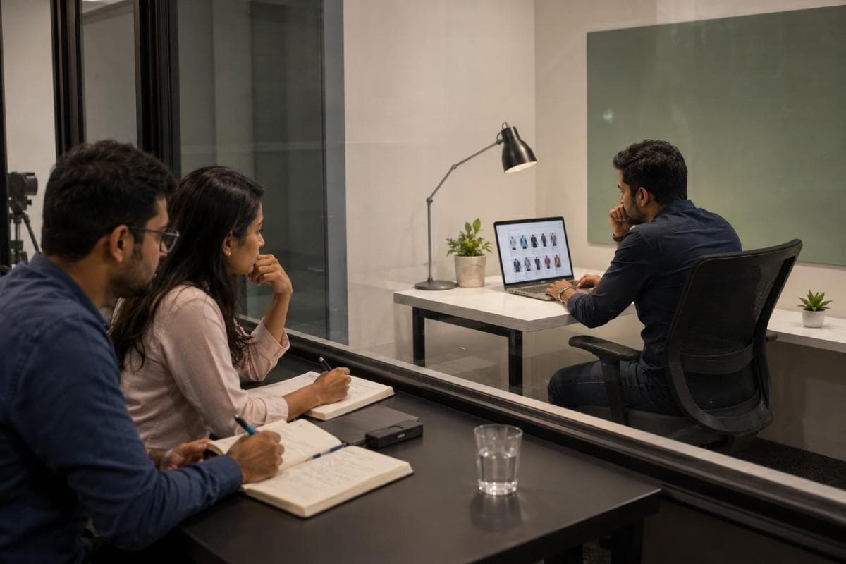 UX researchers observing a usability testing session as a designer reviews an ecommerce product page to improve user experience and conversion rates.