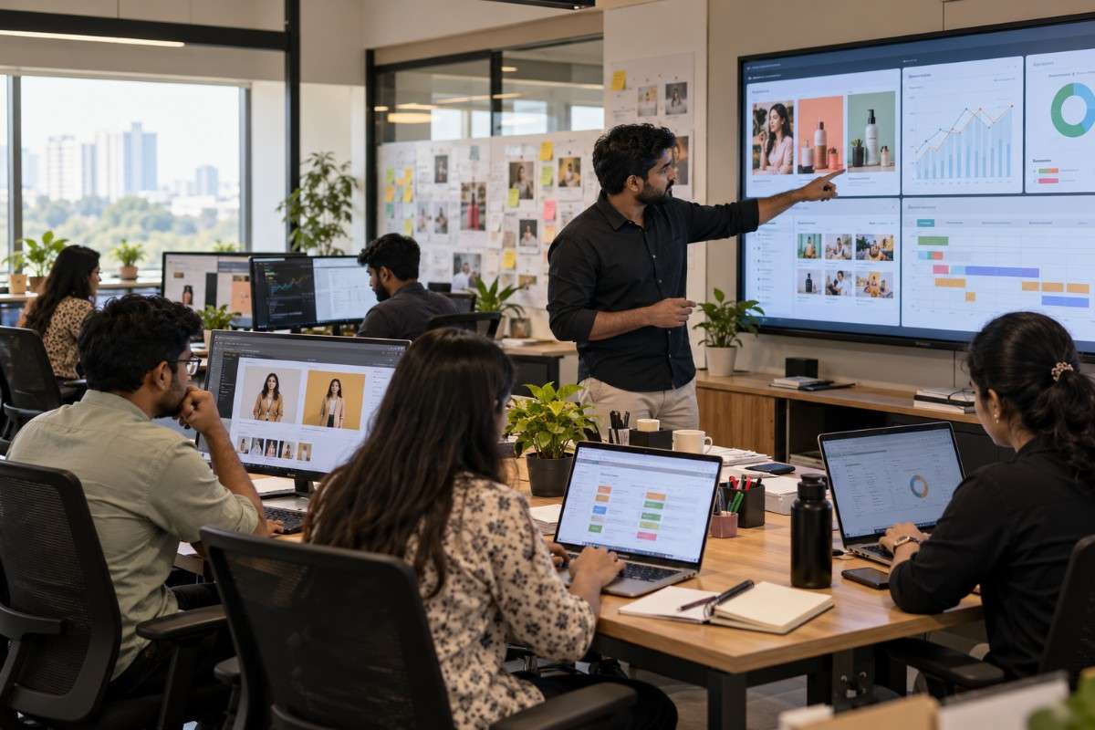 Indian digital marketing team collaborating in a modern office, reviewing product campaign creatives, marketing performance metrics, and campaign schedules on large screens and laptops.