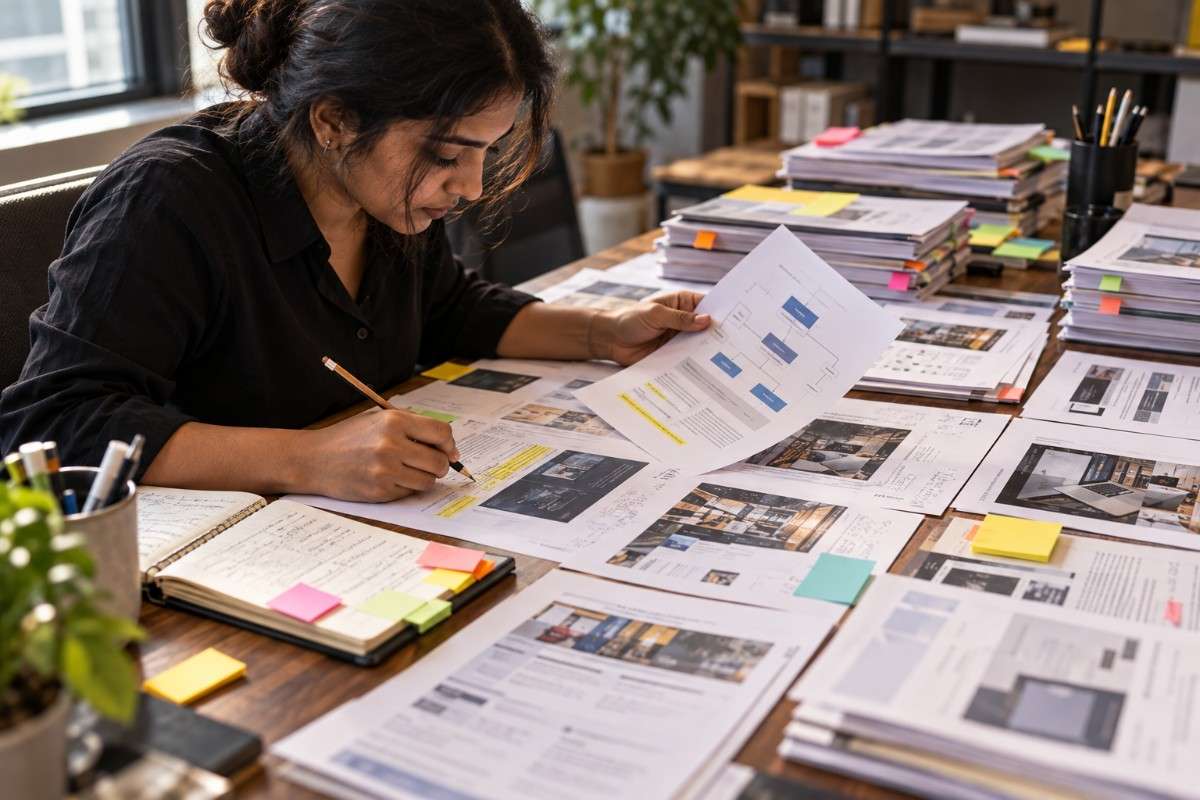 Indian marketing professional reviewing strategy documents, annotated reports, and website design layouts at an office desk