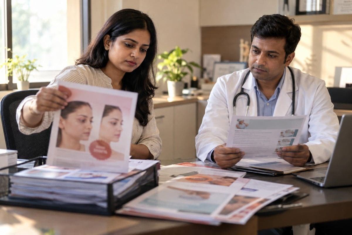 Indian healthcare professional reviewing medical promotional materials featuring before-and-after photographs with a doctor in a clinic office.