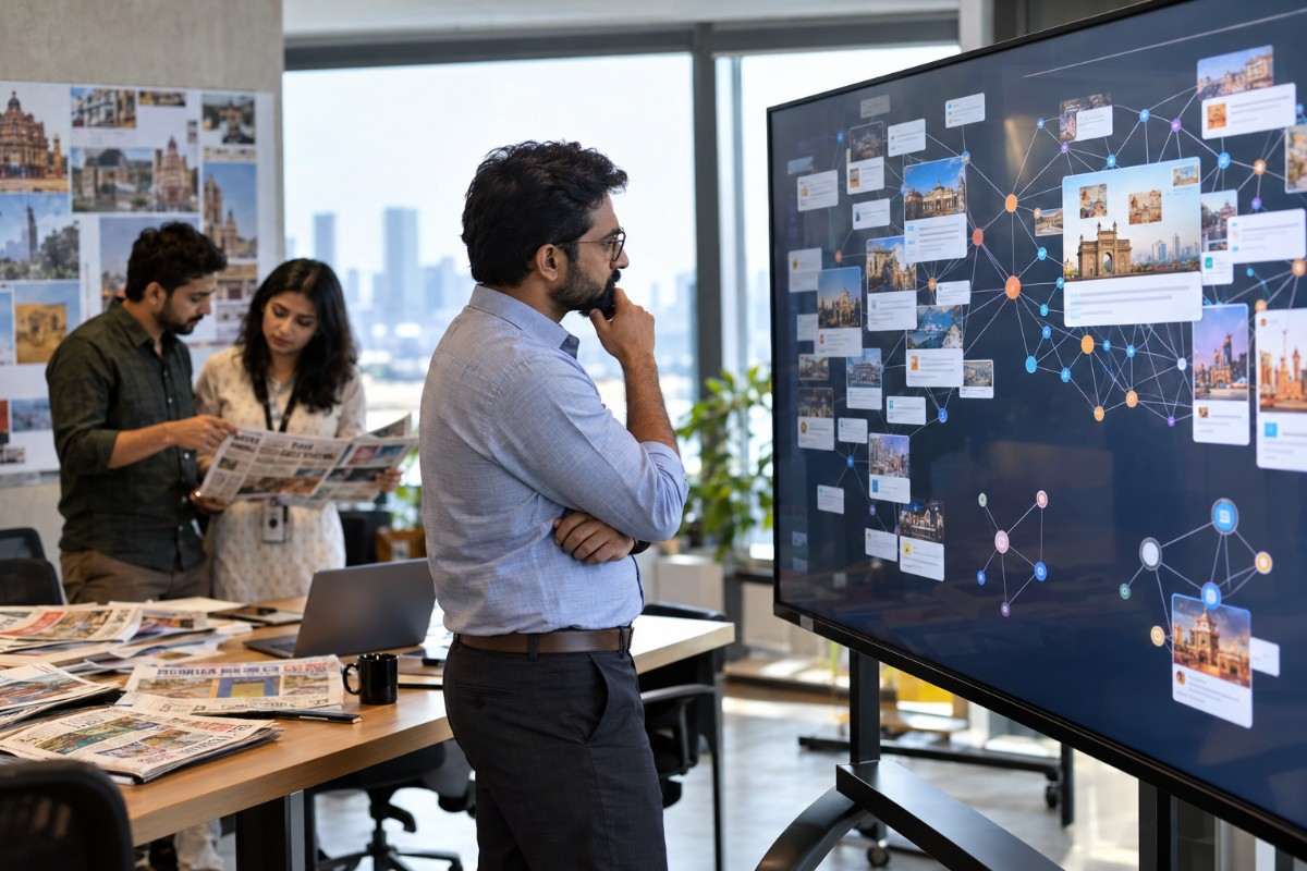 Indian marketing strategist analyzing an AI-powered travel content network on a large digital screen, with interconnected destination images and content recommendations.