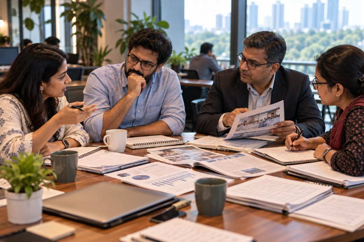 Indian travel marketing professionals collaborating in a strategy meeting, reviewing destination content, research reports and performance documents to plan an effective travel content marketing strategy.
