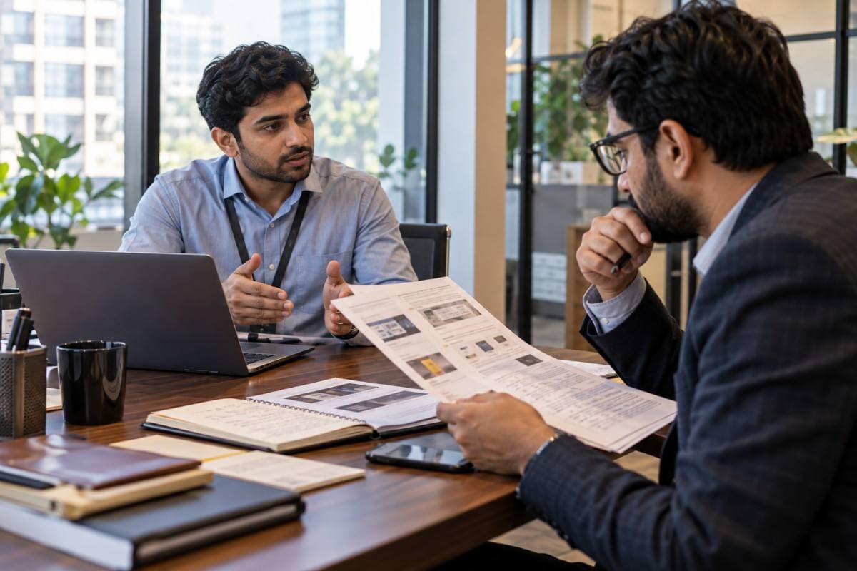 Indian digital marketing professionals discussing website content and reviewing digital marketing materials in an office.