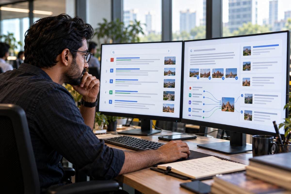 Indian SEO strategist analyzing travel search rankings and AI-powered content recommendations across dual monitors, with destination images, search result positions and interconnected travel content.