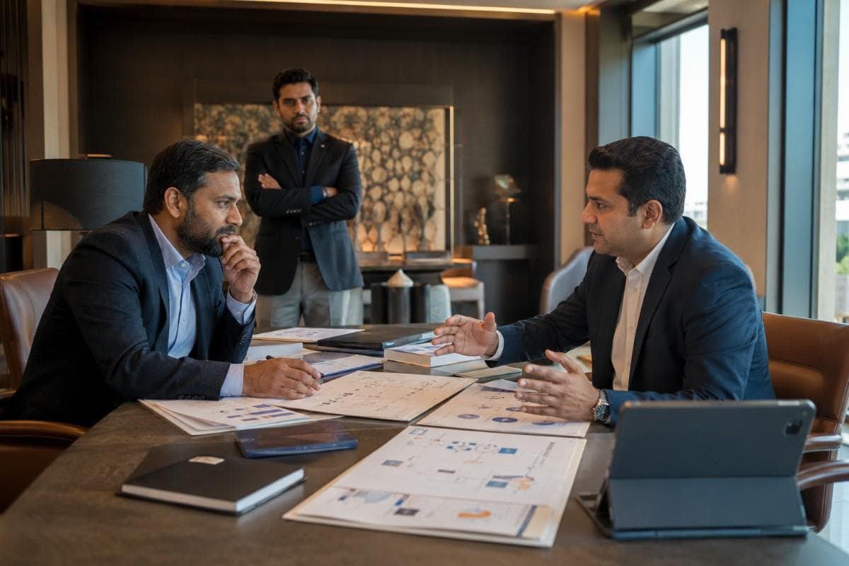 Business leaders reviewing financial reports and discussing strategic decisions in a modern executive boardroom, with documents, charts, and digital devices spread across the meeting table.