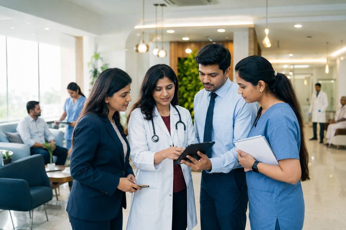 Doctor, hospital administrator, and nursing staff reviewing patient information together on a tablet in a modern hospital lobby to coordinate care and improve healthcare operations.