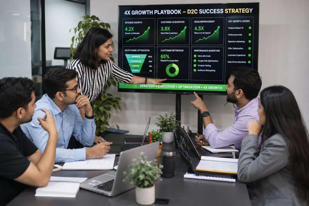 Marketing team presenting a D2C growth strategy dashboard with performance metrics, customer acquisition data, and revenue insights during a collaborative business planning meeting.