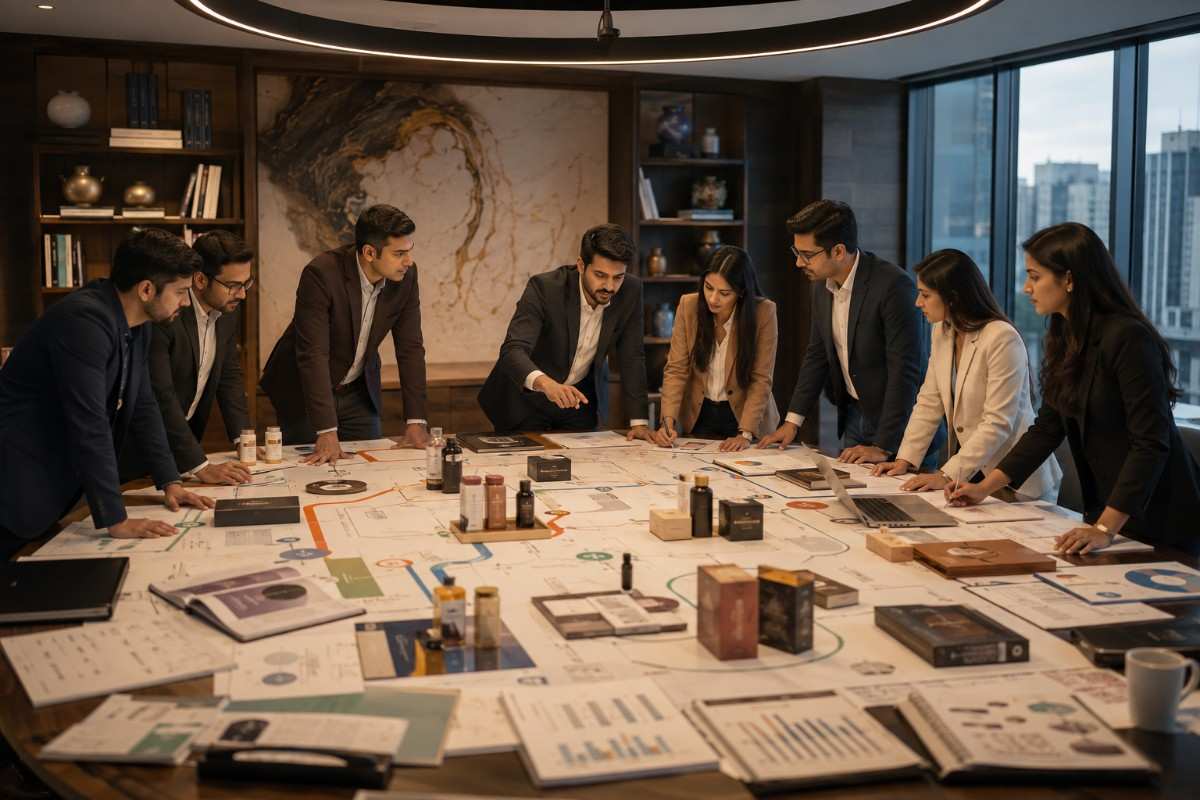 Business strategy team reviewing product samples, packaging designs, and planning documents during a collaborative meeting to develop a new product launch and go-to-market strategy.