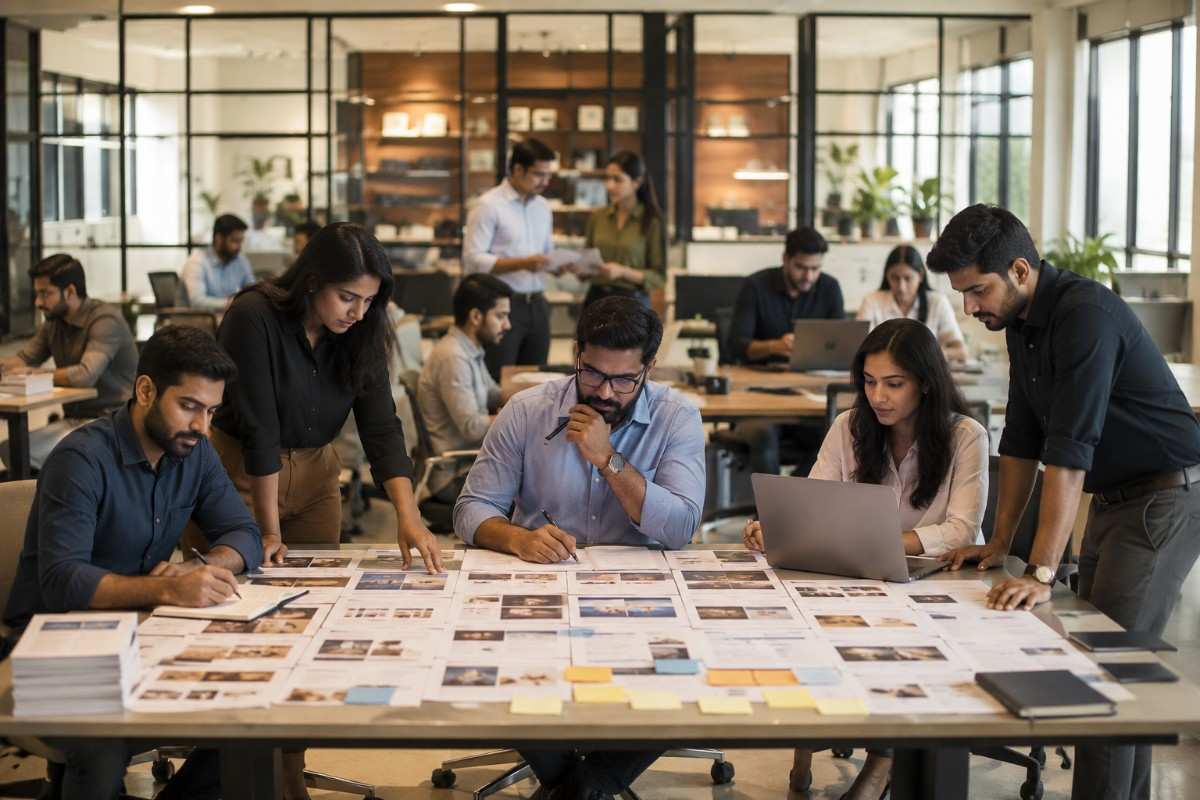 Editorial team reviews content layouts, wireframes, and publishing plans while collaborating on large-scale digital content production in a modern office.
