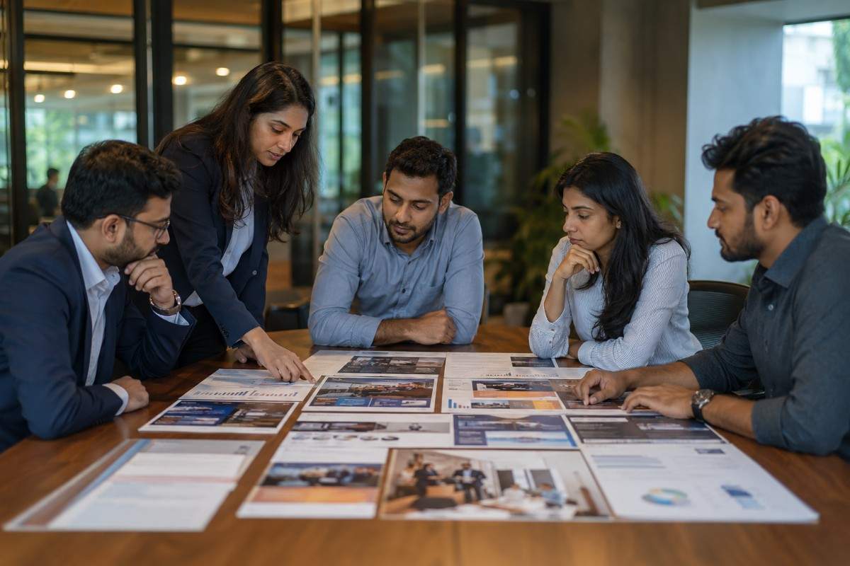 Marketing team reviewing a content marketing strategy and website content audit to optimize buyer journey, lead generation, and sales pipeline growth.