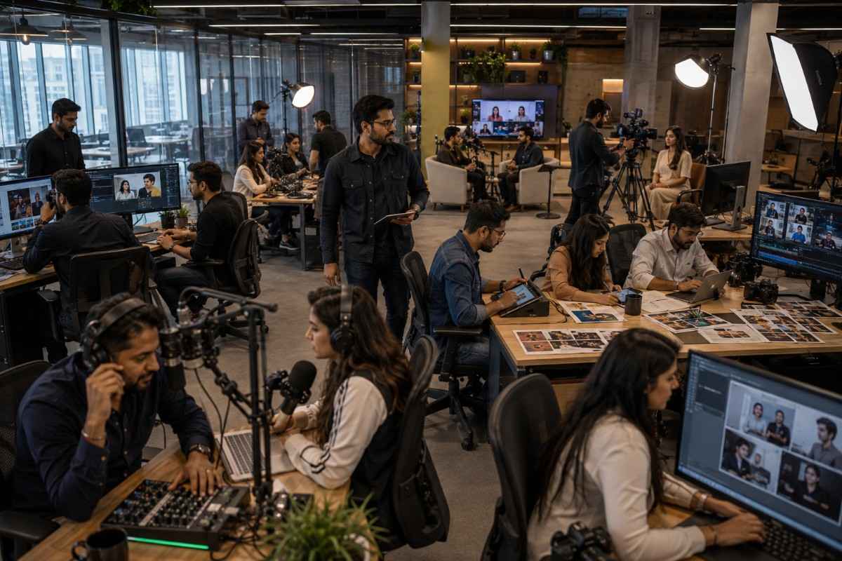 Content marketing team producing videos, podcasts, and digital content to support SEO, brand awareness, audience engagement, and lead generation.