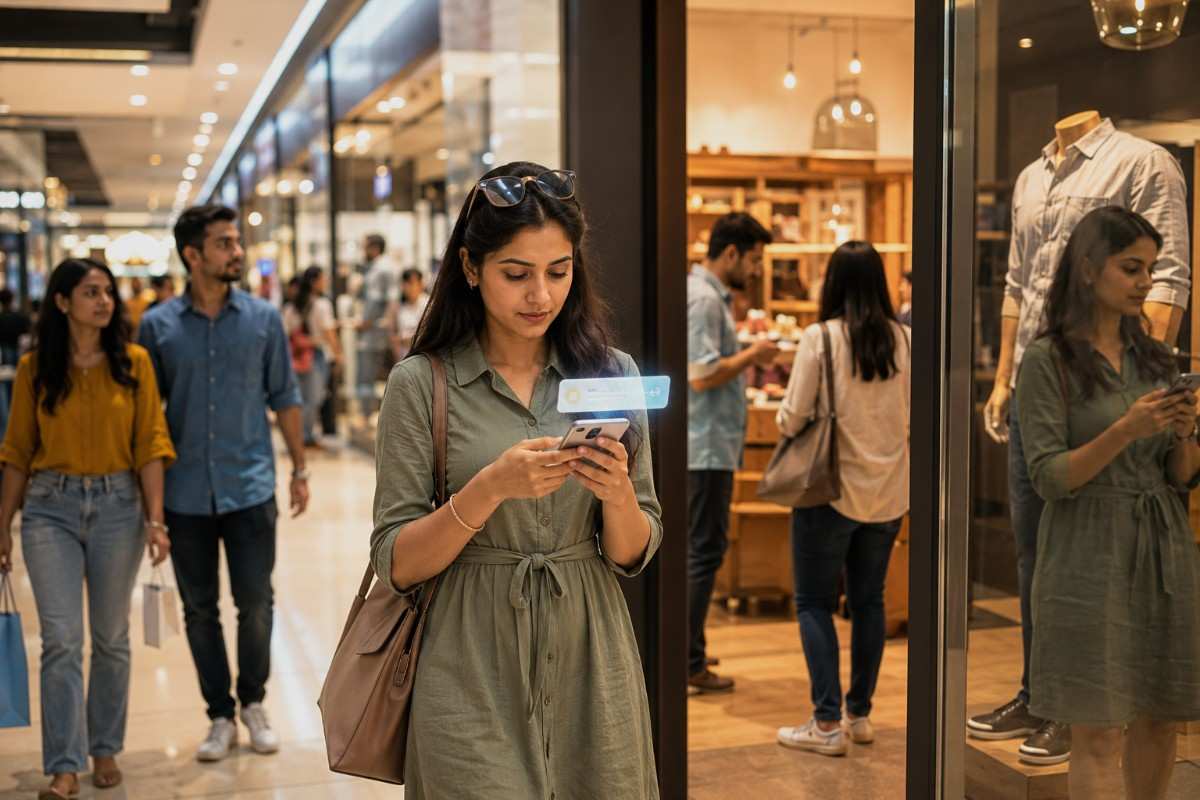 Customer using a smartphone for personalized shopping and AI-powered retail recommendations in a mall.