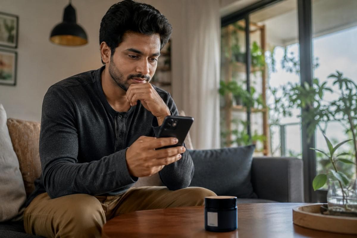 Customer reviewing a product on a smartphone before making an online purchase at home.