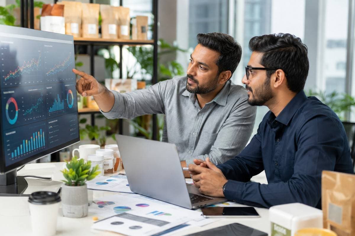 Two D2C marketing professionals analyzing paid advertising performance on a desktop dashboard in a modern office with product packaging and laptop, discussing campaign optimization and business growth.