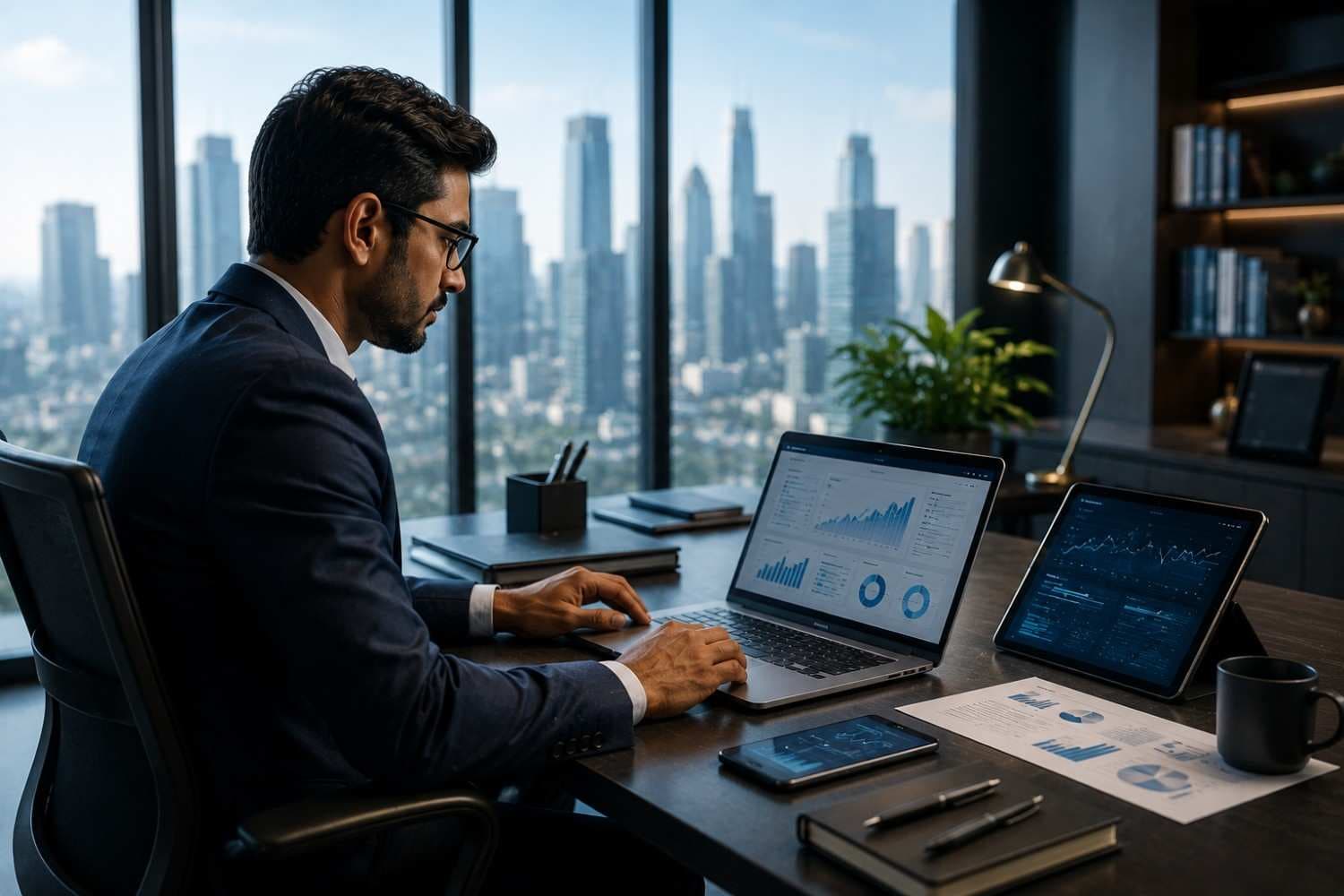 Executive team reviewing fintech SEO growth and digital marketing performance dashboards in a premium corporate boardroom