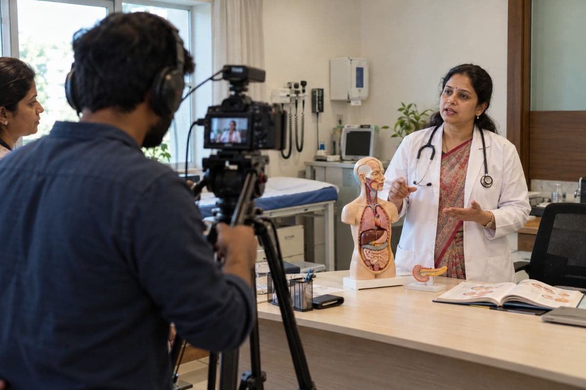 Indian woman doctor explaining human anatomy using a medical model while a videographer records an educational healthcare video in a clinic.